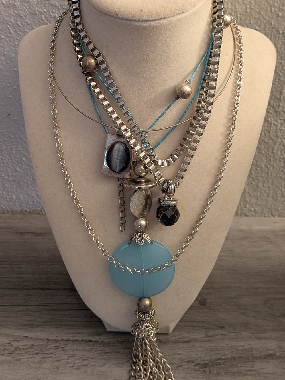 Layered Silver‎ Necklace Set with Light Blue Pendant